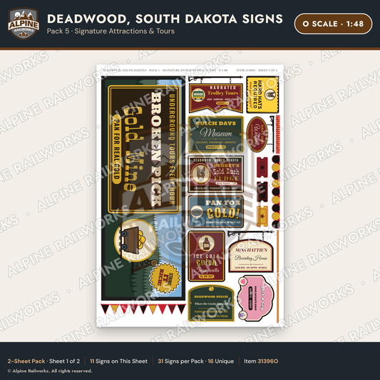 Alpine Railworks 31396O O Scale Deadwood SD Signs - Attractions