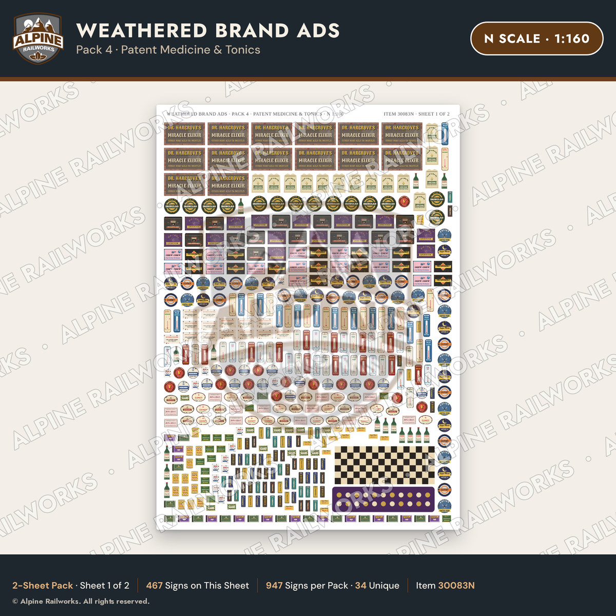 Alpine Railworks 30083N N Scale Weathered Brand Ads - Patent Medicine