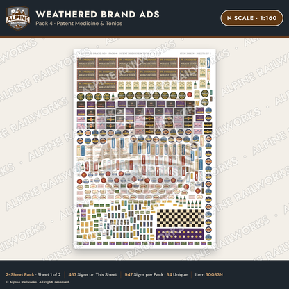 Alpine Railworks 30083N N Scale Weathered Brand Ads - Patent Medicine