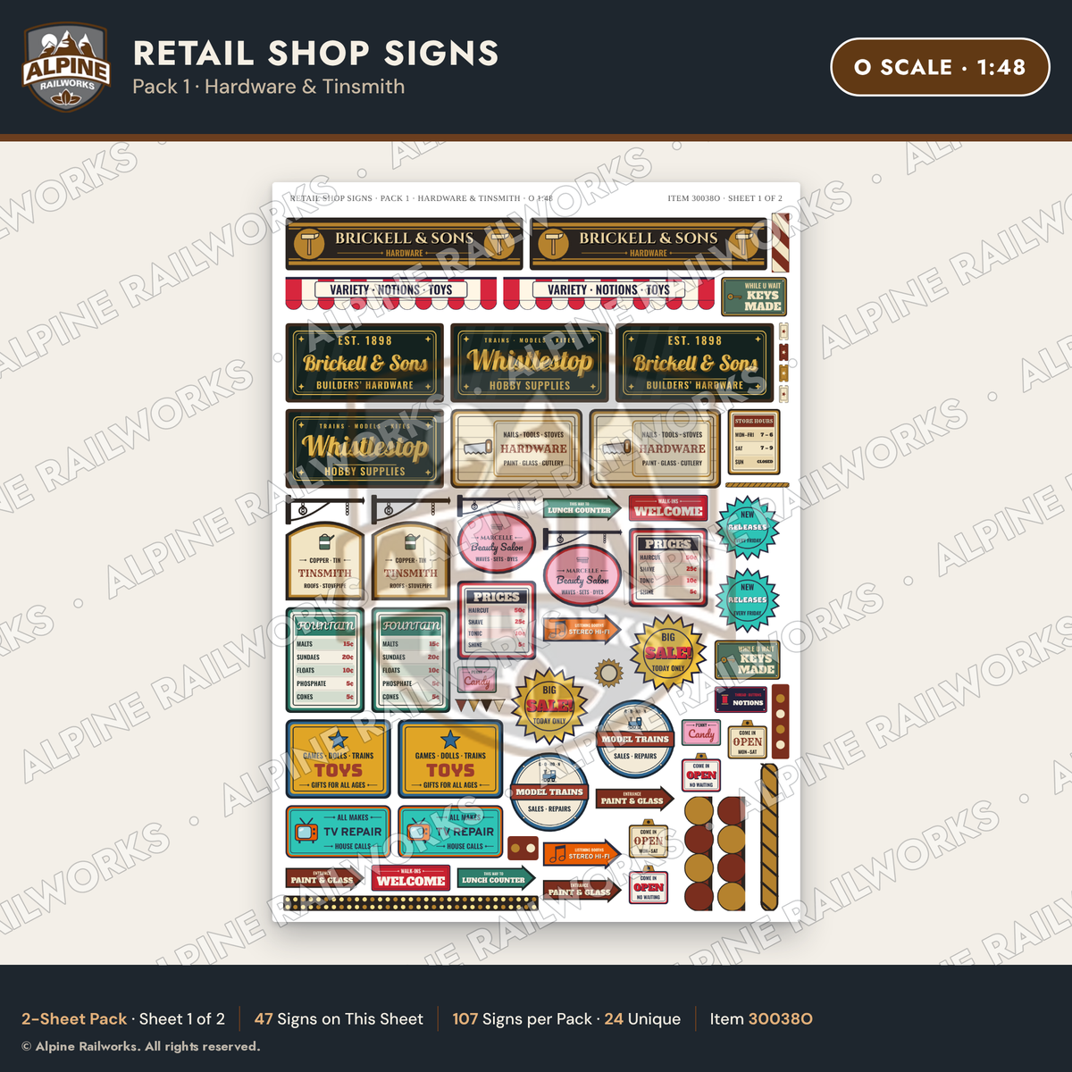 Alpine Railworks 30038O O Scale Retail Shop Signs - Hardware