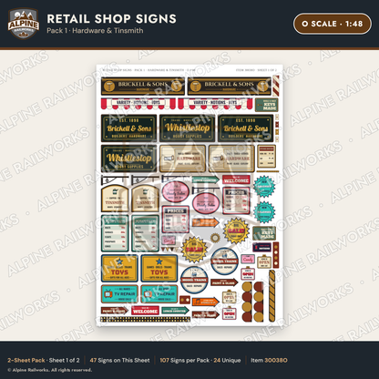 Alpine Railworks 30038O O Scale Retail Shop Signs - Hardware