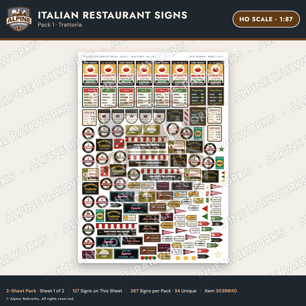 Alpine Railworks 30398HO HO Scale Italian Restaurant Signs - Trattoria
