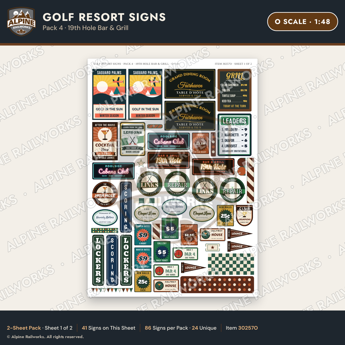 Alpine Railworks 30257O O Scale Golf Resort Signs - 19th Hole Bar