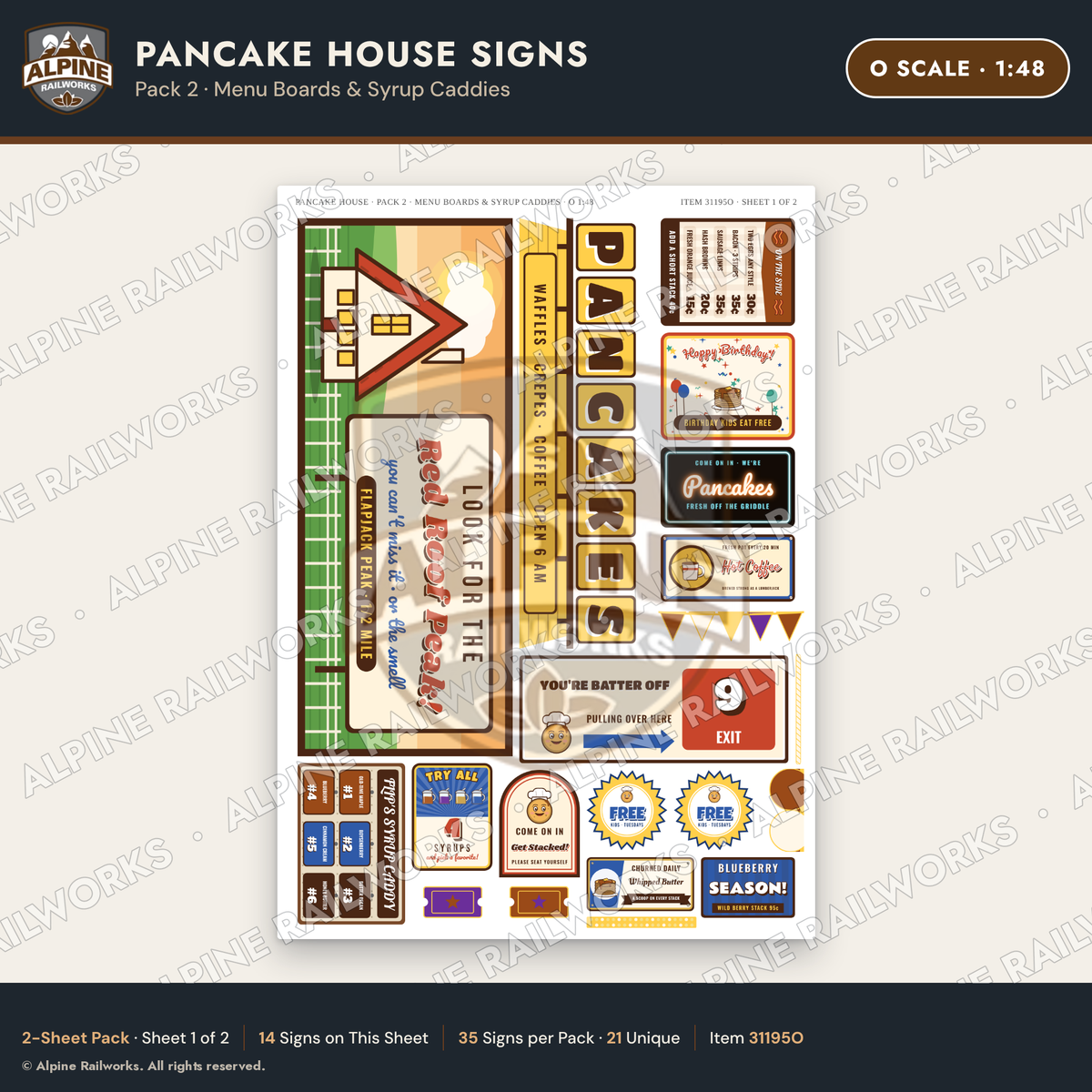 Alpine Railworks 31195O O Scale Pancake House Signs - Menu Boards
