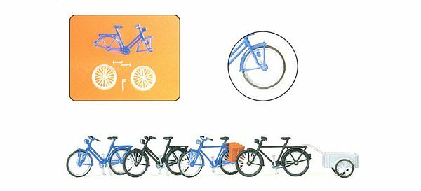 Preiser 17161 HO Scale Accessories -- Bicycles w/Trailer Kit pkg(4)