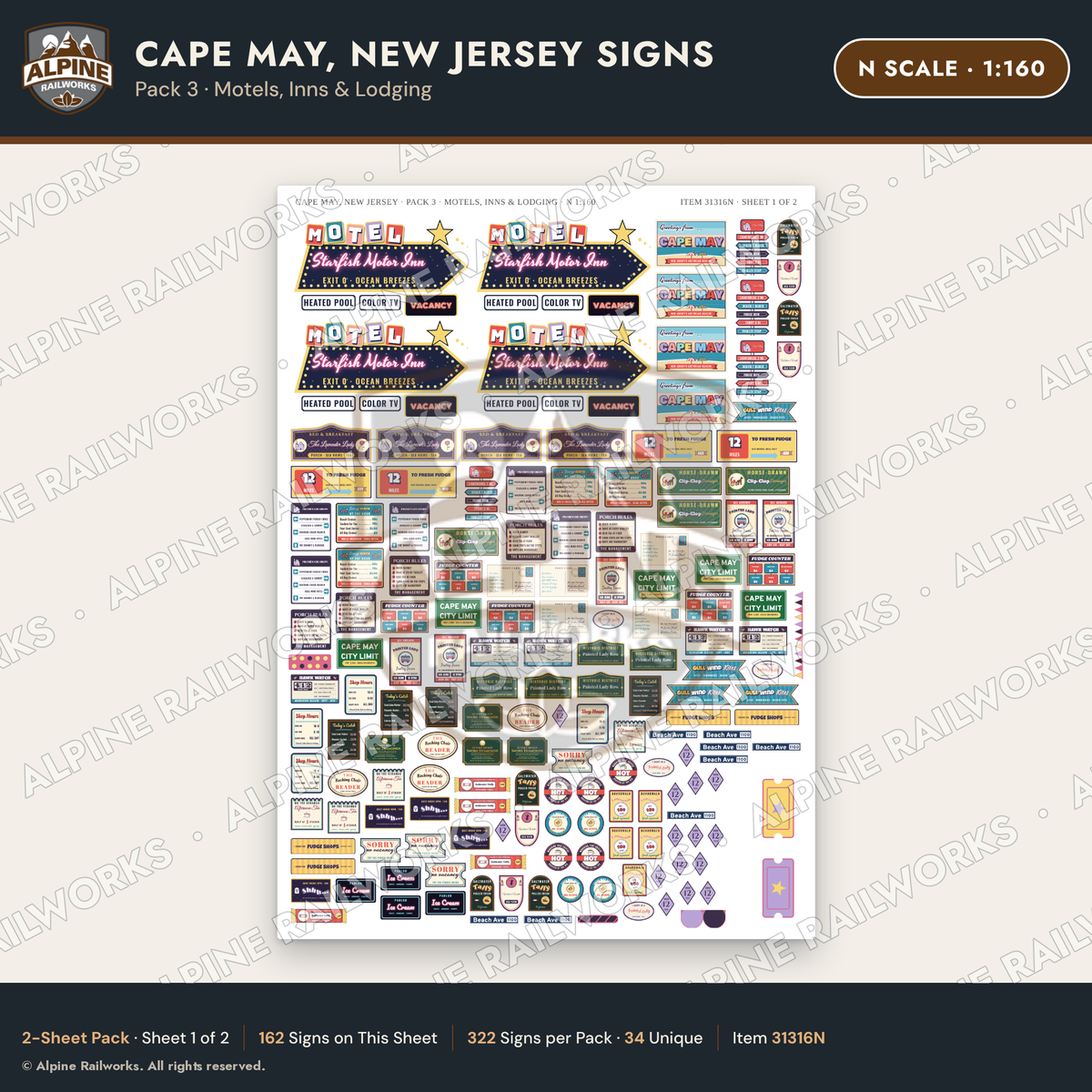 Alpine Railworks 31316N N Scale Cape May NJ Signs - Motels & Inns