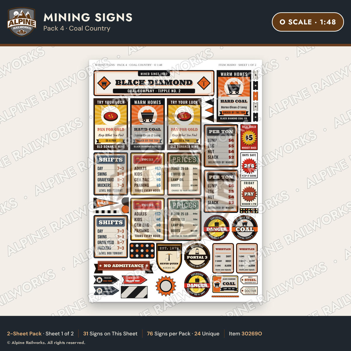Alpine Railworks 30269O O Scale Mining Signs - Coal Country