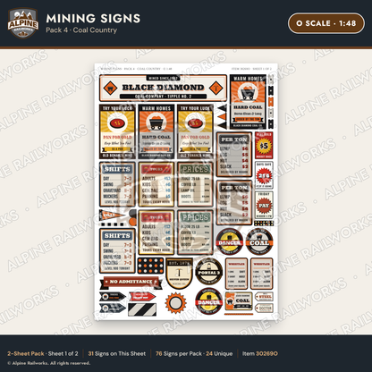 Alpine Railworks 30269O O Scale Mining Signs - Coal Country