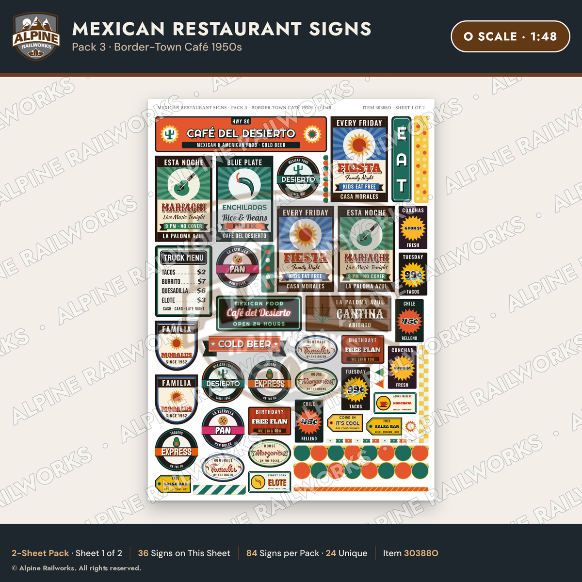 Alpine Railworks 30388O O Scale Mexican Restaurant Signs