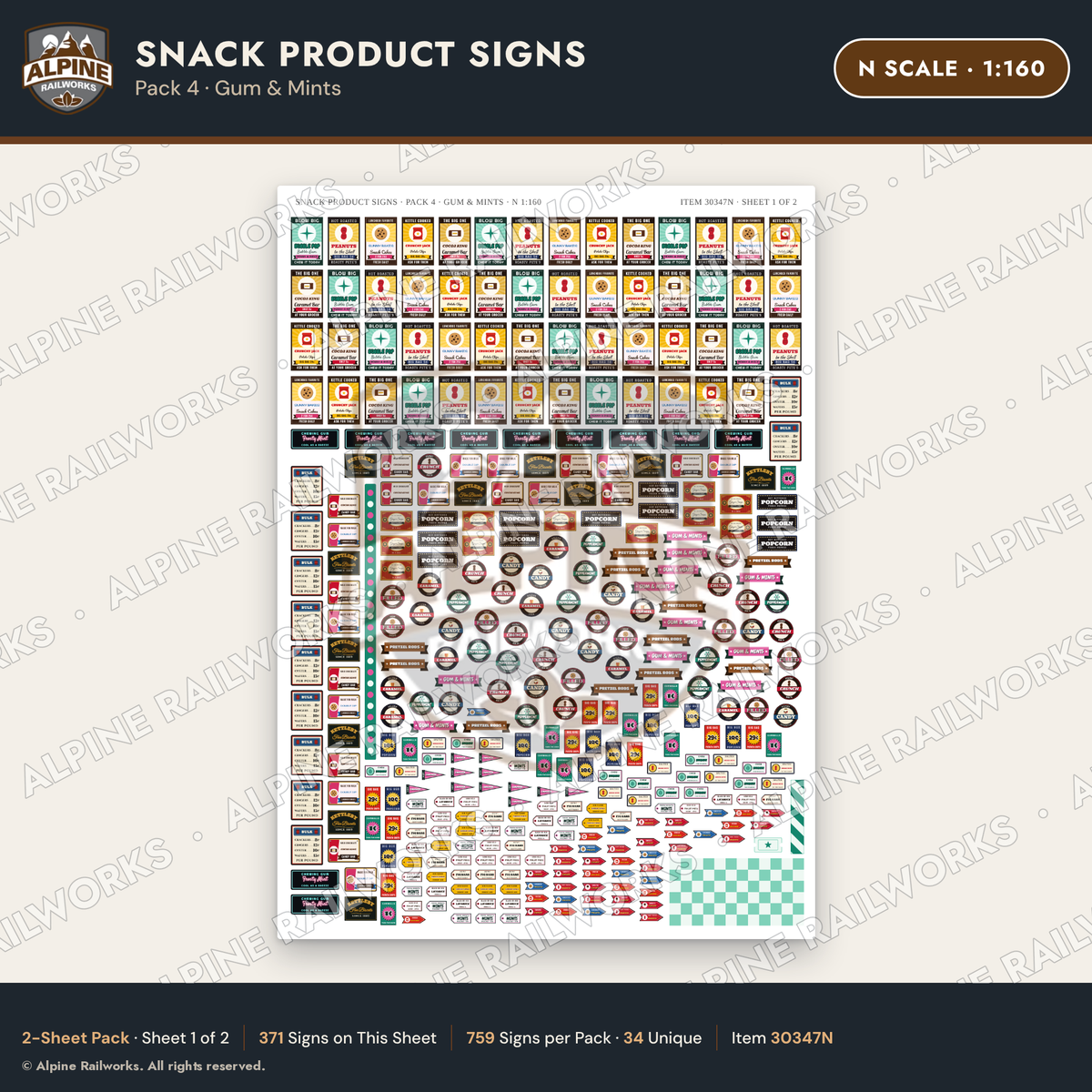 Alpine Railworks 30347N N Scale Snack Product Signs - Gum & Mints
