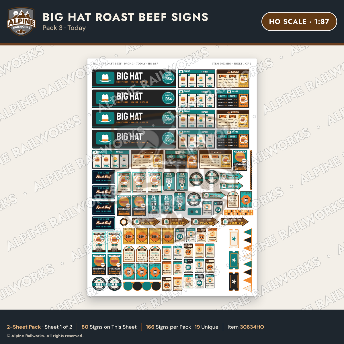 Alpine Railworks 30634HO HO Scale Fast Food Signs - Western Roast Beef