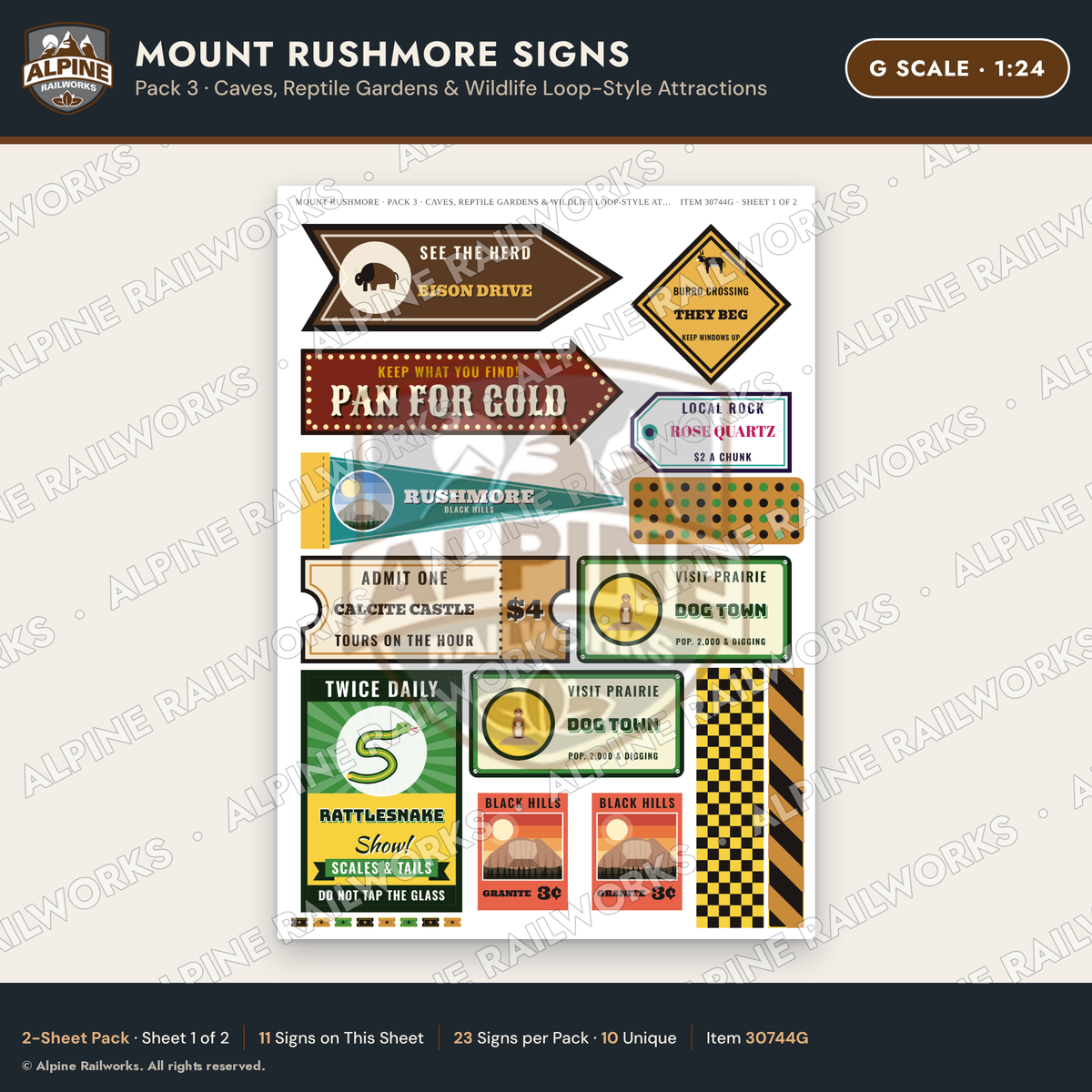 Alpine Railworks 30744G G Scale Tourist Signs - Mount Rushmore - Caves