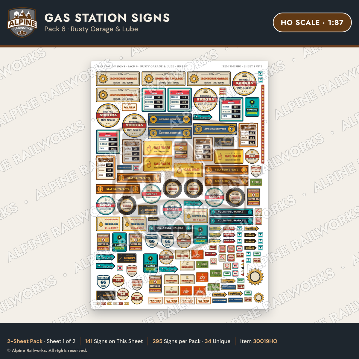 Alpine Railworks 30019HO HO Scale Gas Station Signs - Rusty Garage