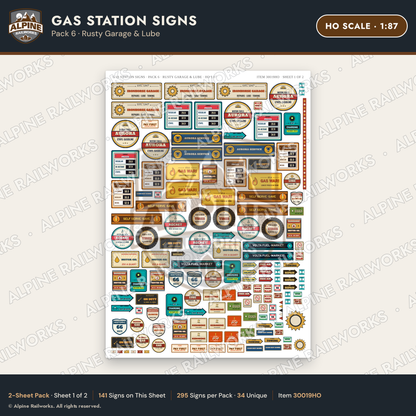 Alpine Railworks 30019HO HO Scale Gas Station Signs - Rusty Garage