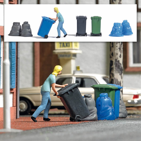 Busch 7874 HO Scale Woman Taking Out Trash Bin Figure, 3 Bins, 4 Garbage Bags