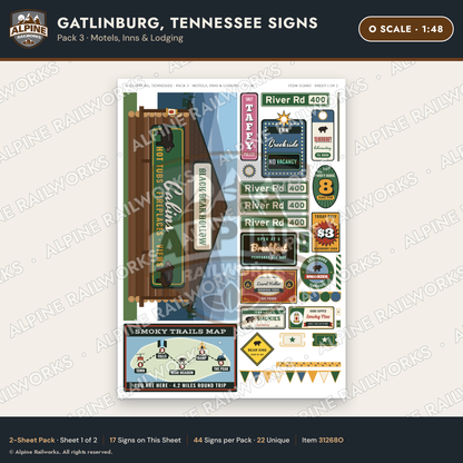 Alpine Railworks 31268O O Scale Gatlinburg TN Signs - Motels & Inns