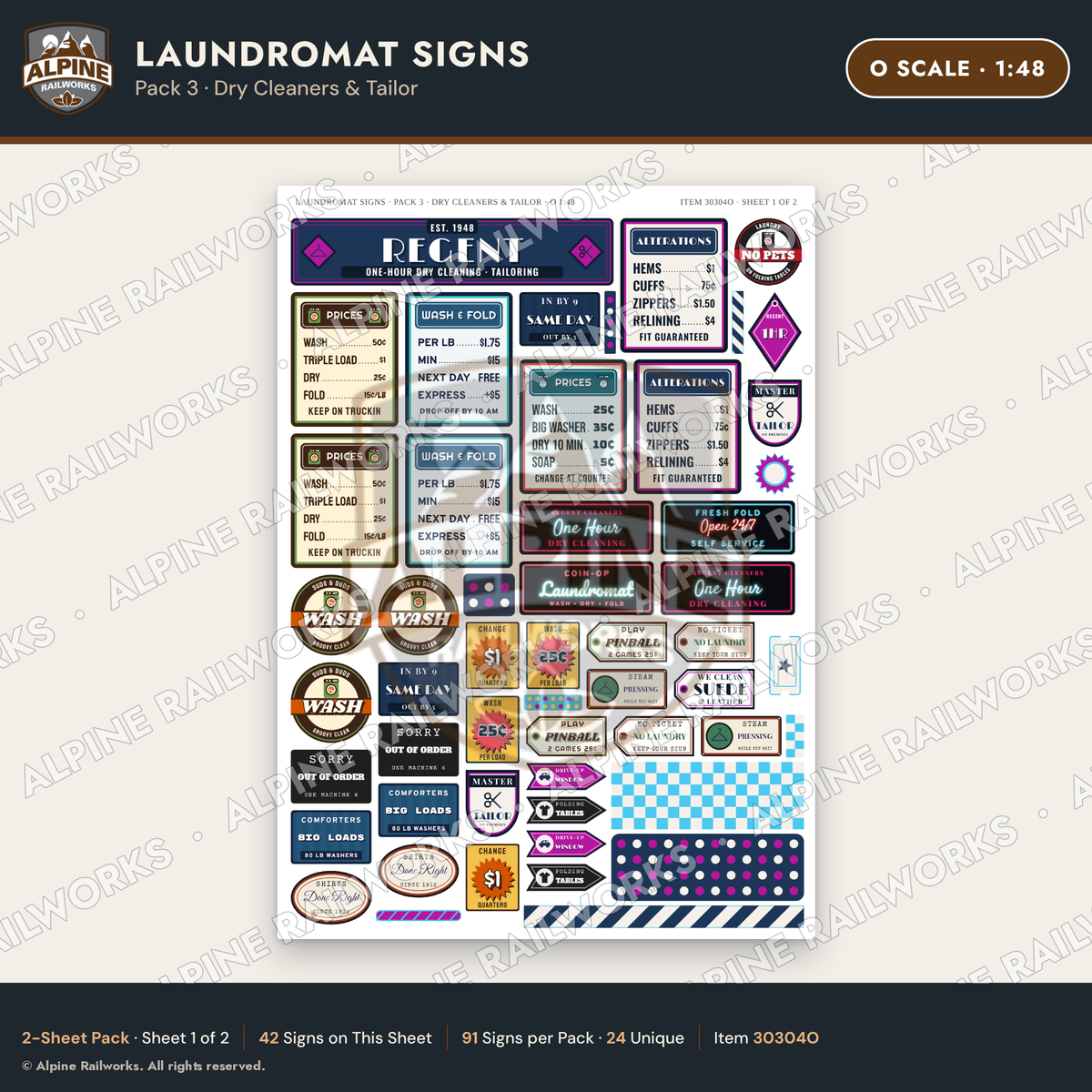 Alpine Railworks 30304O O Scale Laundromat Signs - Dry Cleaners