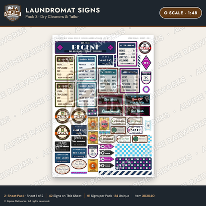Alpine Railworks 30304O O Scale Laundromat Signs - Dry Cleaners
