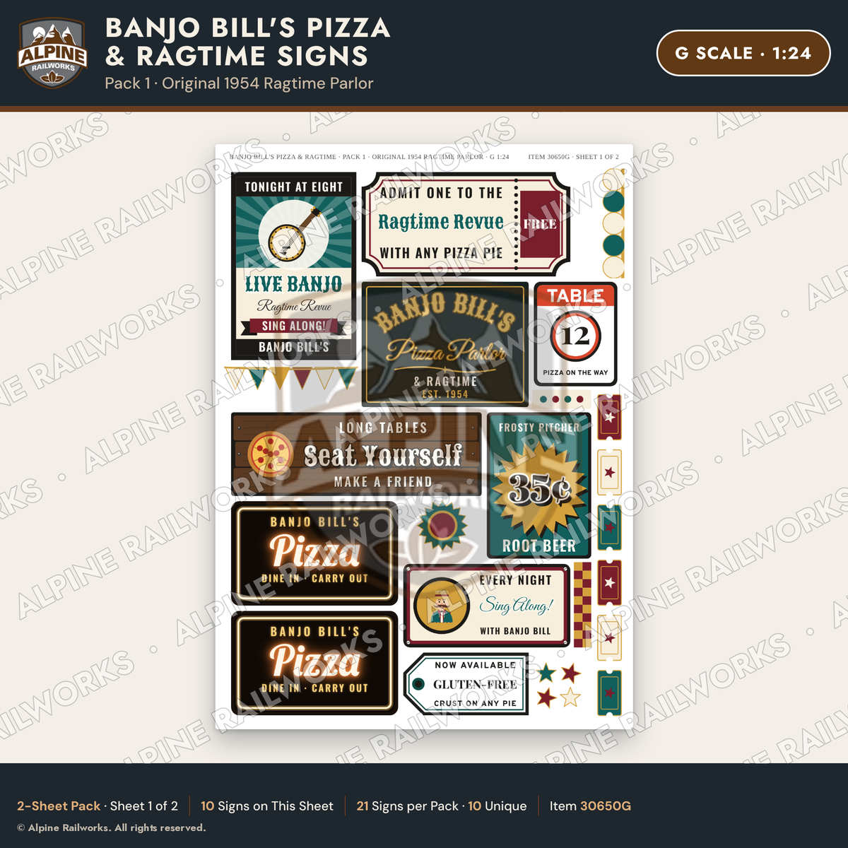 Alpine Railworks 30650G G Scale Restaurant Signs - Pizza & Music Hall