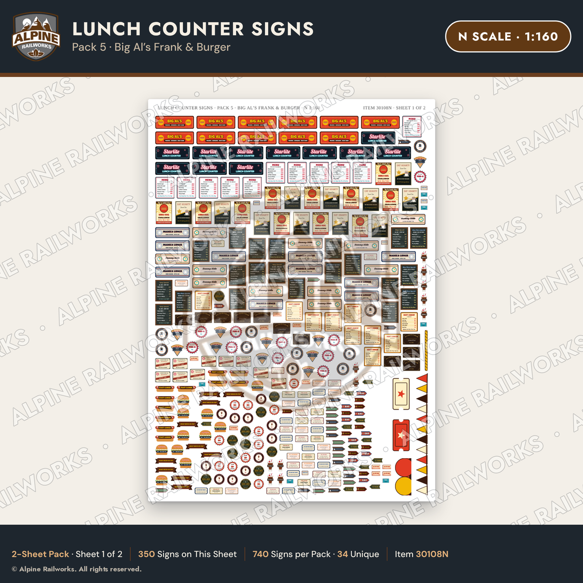 Alpine Railworks 30108N N Scale Lunch Counter Signs - Big Al's Frank
