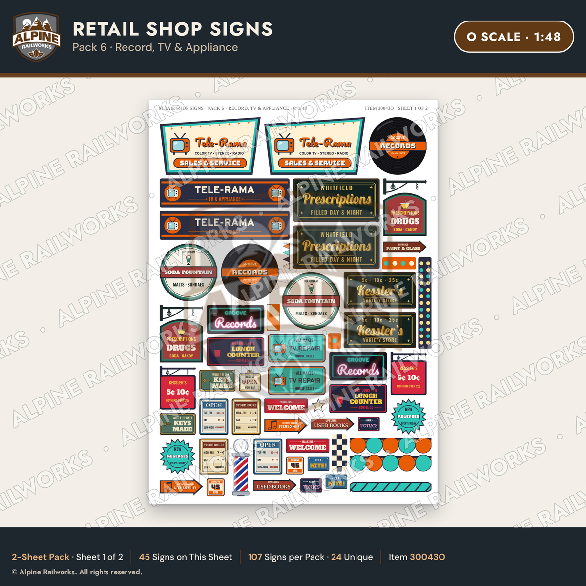Alpine Railworks 30043O O Scale Retail Shop Signs - Record & TV
