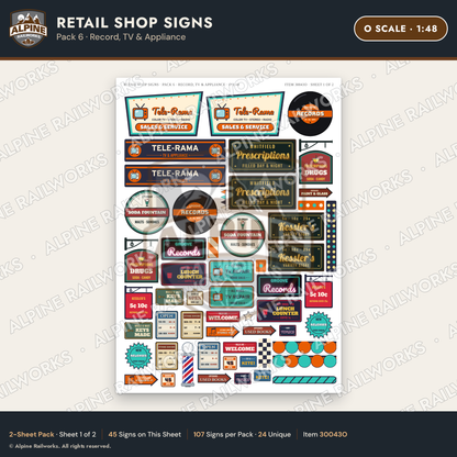 Alpine Railworks 30043O O Scale Retail Shop Signs - Record & TV