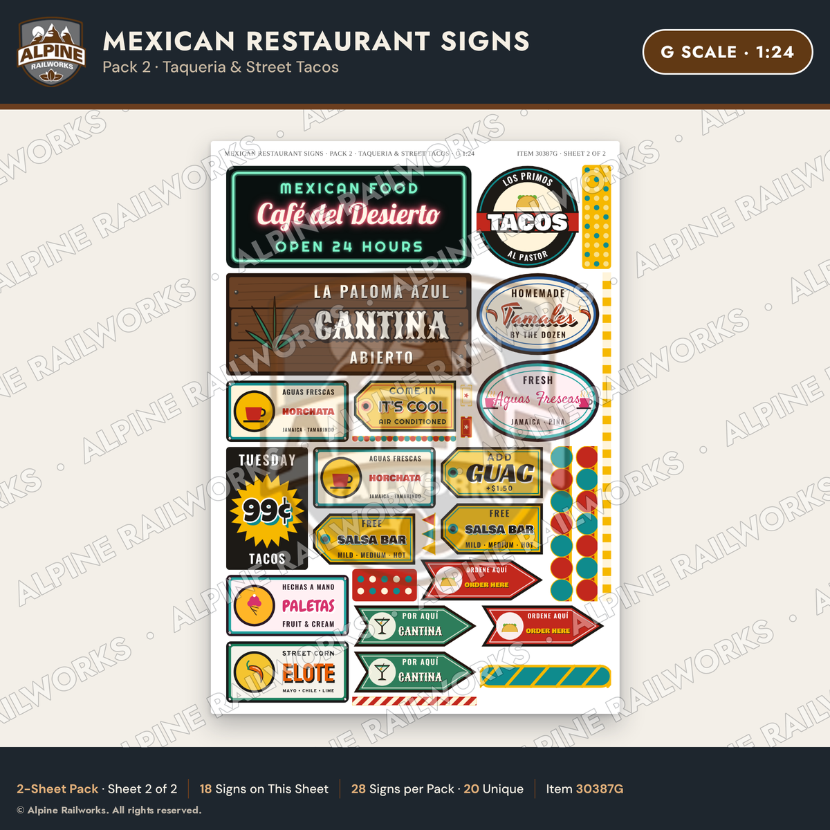 Alpine Railworks 30387G G Scale Mexican Restaurant Signs - Taqueria