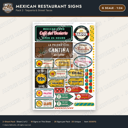 Alpine Railworks 30387G G Scale Mexican Restaurant Signs - Taqueria