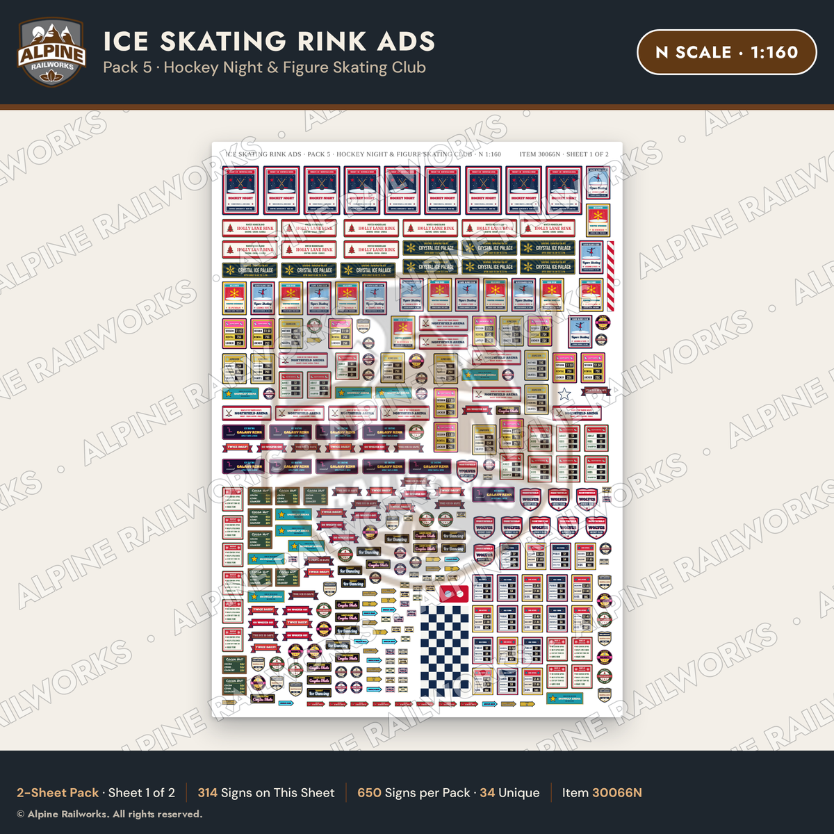 Alpine Railworks 30066N N Scale Ice Skating Rink Ads - Hockey Night