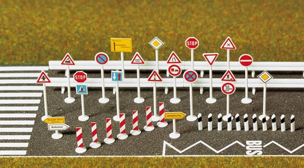 Busch 8121 N Scale European-Style Traffic Sign Set -- 30 Signs, 10 Guardrails, Road Limit Posts & Dry Transfer Street Markings