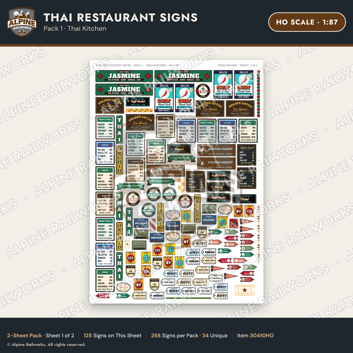 Alpine Railworks 30410HO HO Scale Thai Restaurant Signs - Thai Kitchen