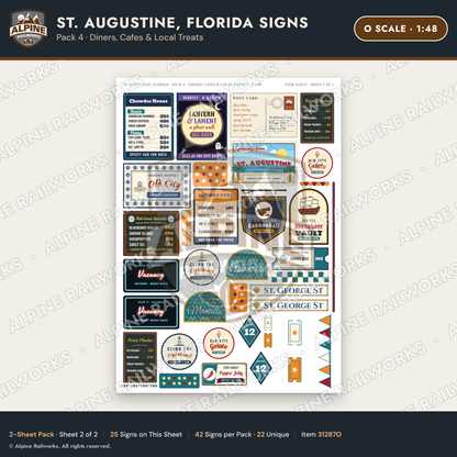 Alpine Railworks 31287O O Scale St. Augustine FL Signs - Diners