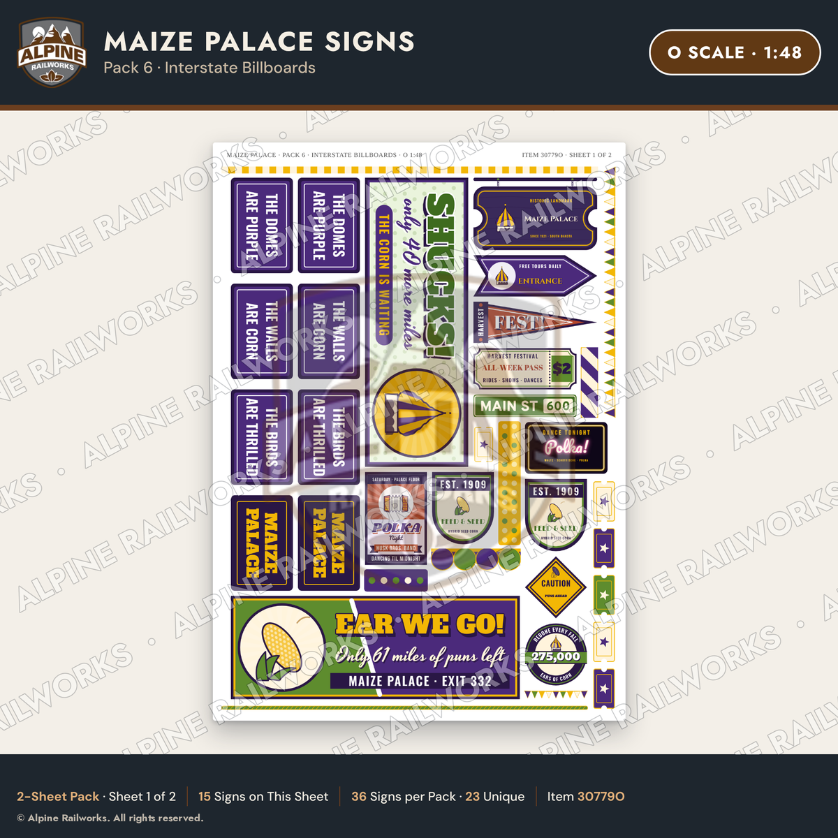 Alpine Railworks 30779O O Scale Roadside Signs - Corn Palace