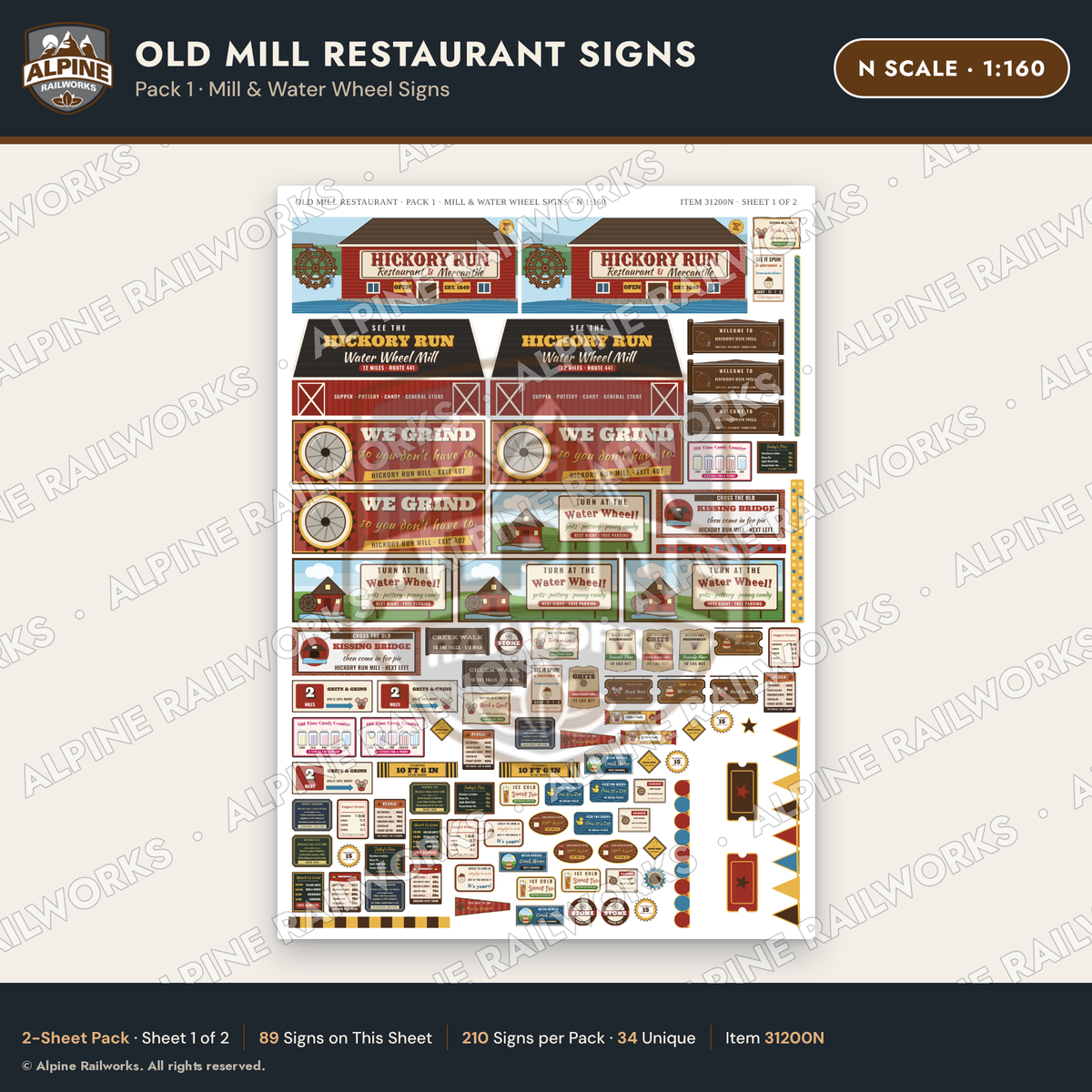 Alpine Railworks 31200N N Scale Old Mill Signs - Mill & Water Wheel