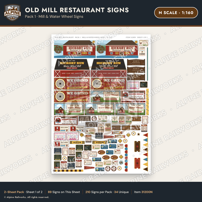 Alpine Railworks 31200N N Scale Old Mill Signs - Mill & Water Wheel