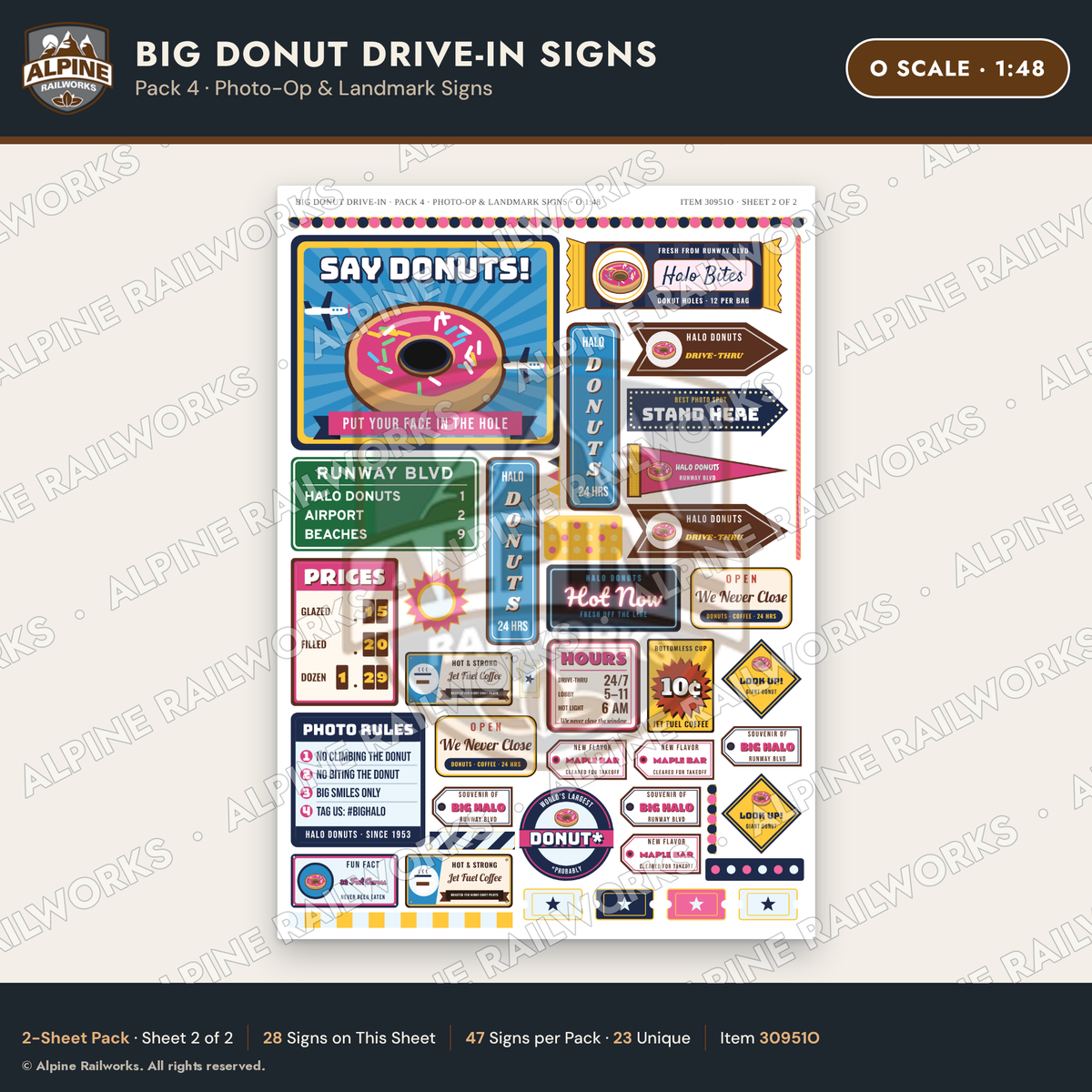 Alpine Railworks 30951O O Scale Roadside Signs - Giant Donut Shop