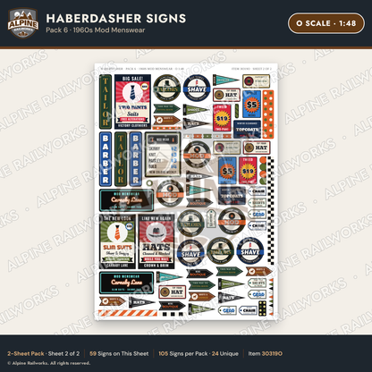 Alpine Railworks 30319O O Scale Haberdasher Signs - 1960s Mod Menswear
