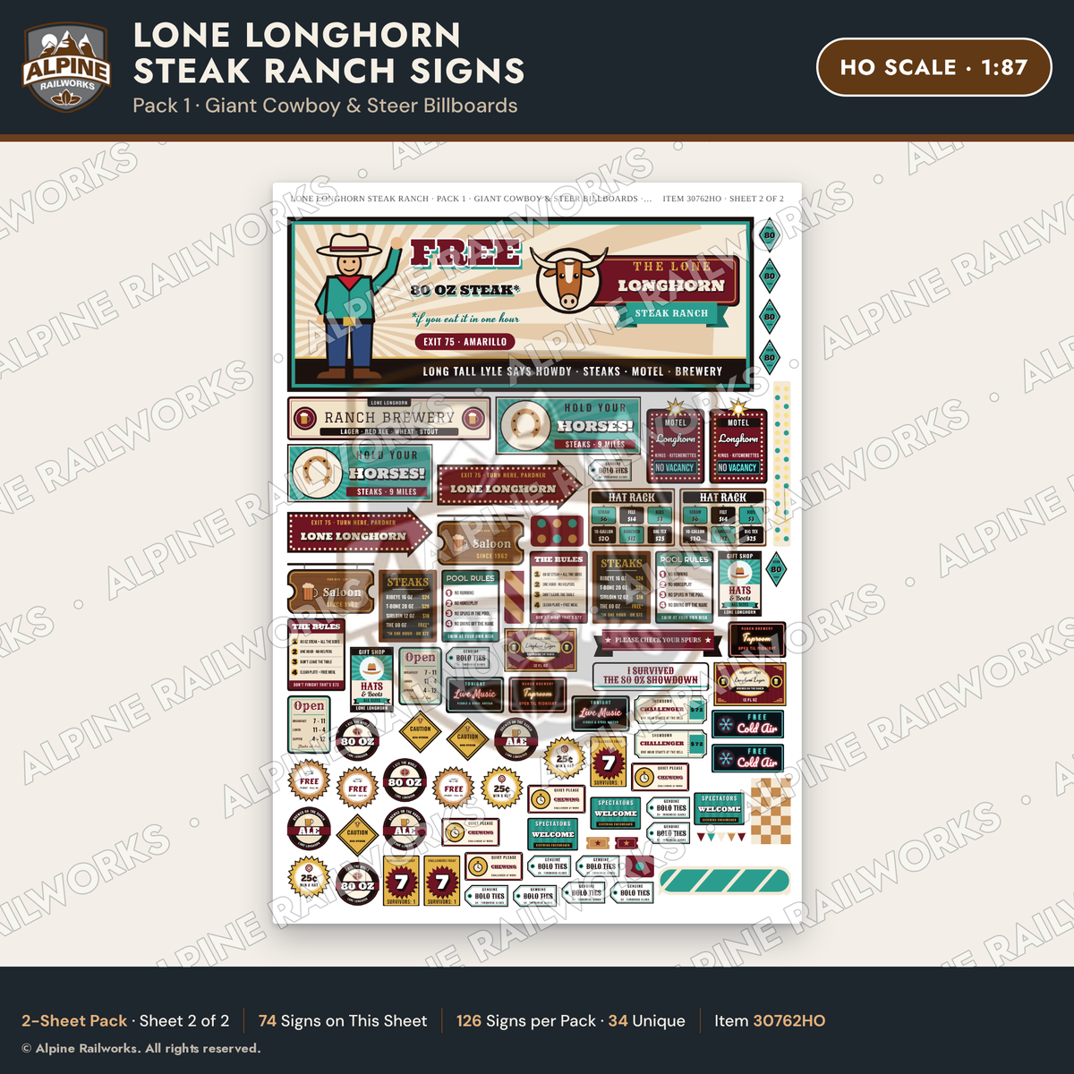 Alpine Railworks 30762HO HO Scale Roadside Signs - Big Steakhouse