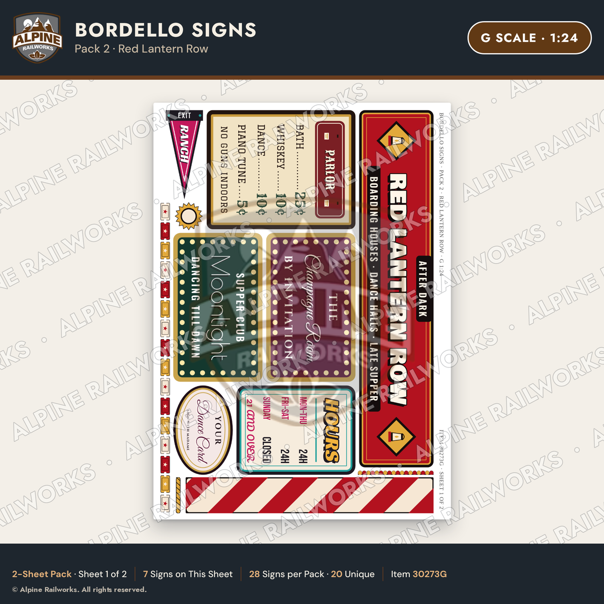 Alpine Railworks 30273G G Scale Bordello Signs - Red Lantern Row