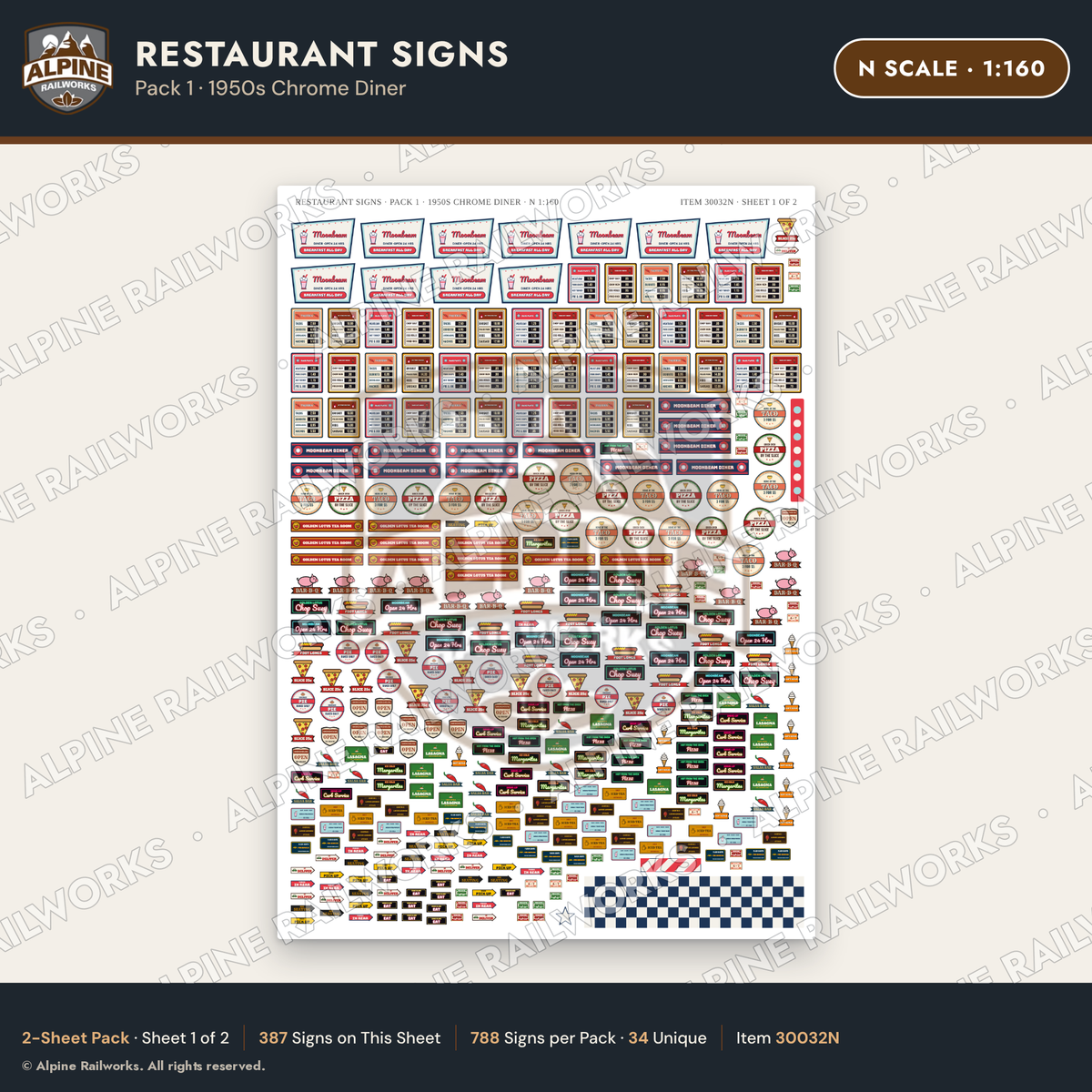 Alpine Railworks 30032N N Scale Restaurant Signs - 1950s Chrome Diner