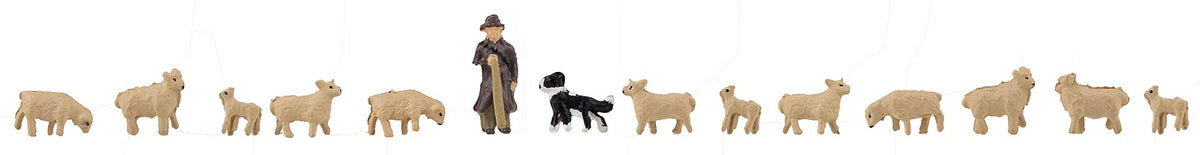 Faller 155901 N Scale Shepherd, Dog & 12 Sheep Figure Set