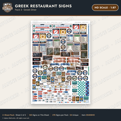Alpine Railworks 30406HO HO Scale Greek Restaurant Signs - Greek Diner