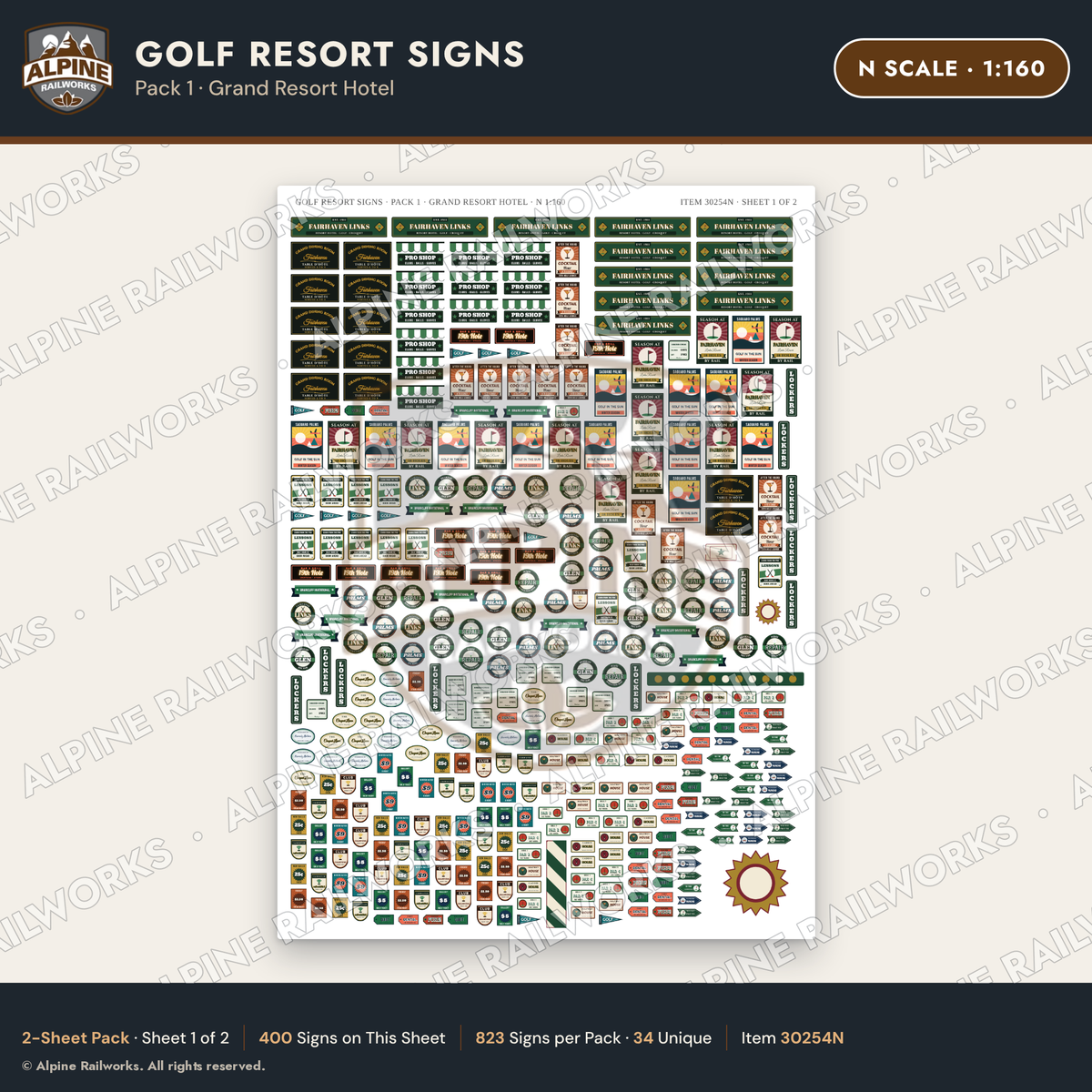 Alpine Railworks 30254N N Scale Golf Resort Signs - Grand Resort Hotel