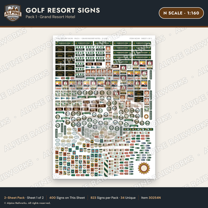 Alpine Railworks 30254N N Scale Golf Resort Signs - Grand Resort Hotel