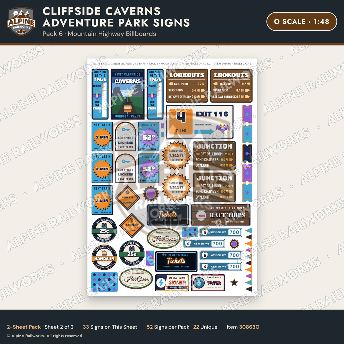 Alpine Railworks 30863O O Scale Roadside Signs - Cave Adventure Park