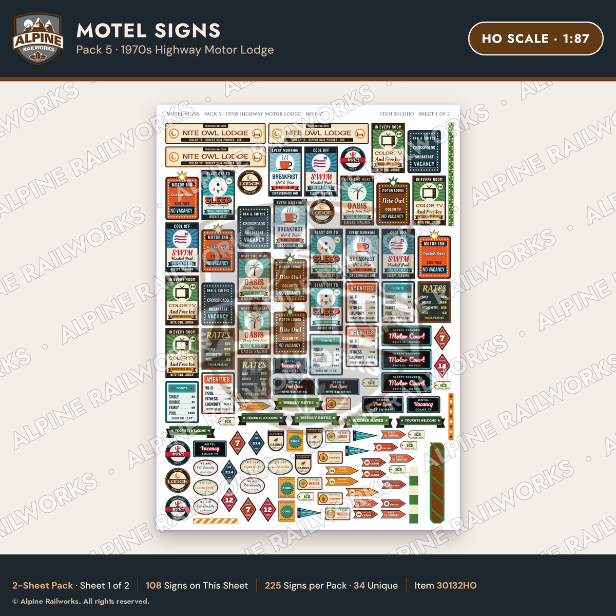 Alpine Railworks 30132HO HO Scale Motel Signs - Highway Motor Lodge
