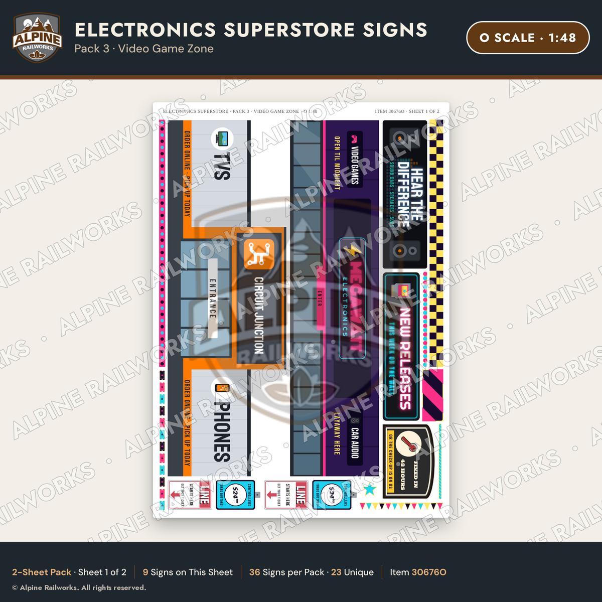 Alpine Railworks 30676O O Scale Electronics Superstore Signs