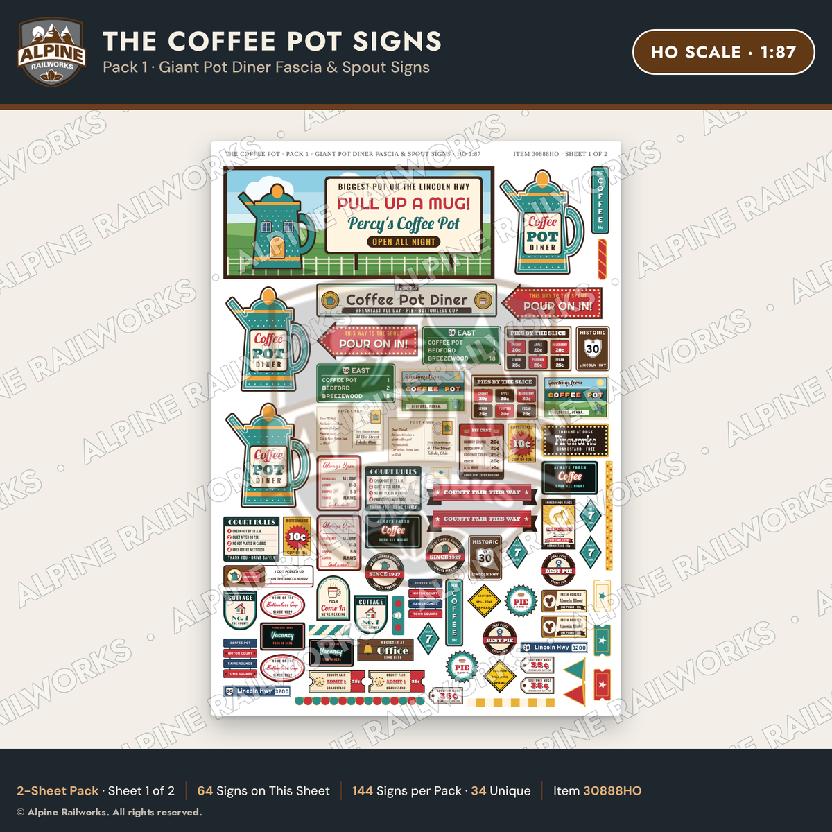 Alpine Railworks 30888HO HO Scale Roadside Signs - Coffee Pot Diner