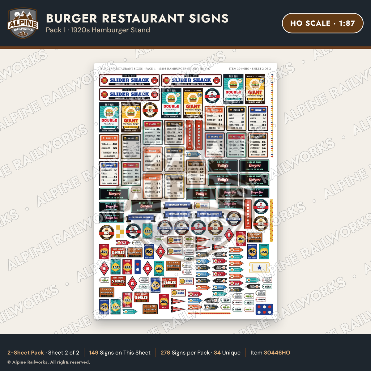 Alpine Railworks 30446HO HO Scale Burger Restaurant Signs