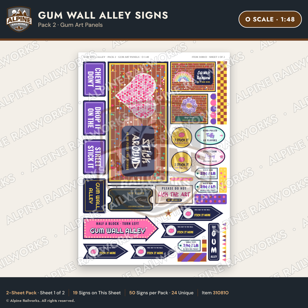 Alpine Railworks 31081O O Scale Roadside Signs - Bubblegum Alley